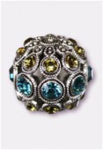 Boule strass 13 mm indicolite khaki / argent x1