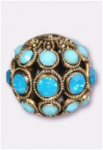Boule strass 13 mm carribean blue turquoise / or x1