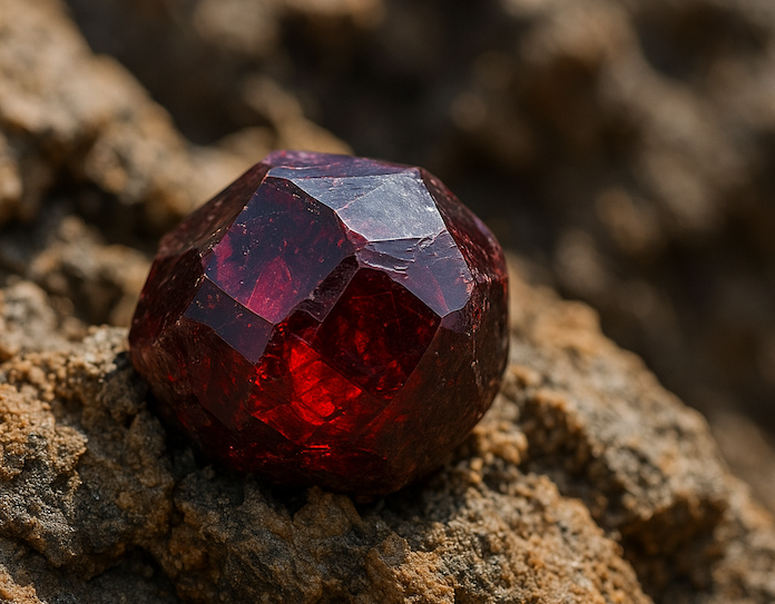 Photo d’un grenat rouge à l’état brut dans la montagne