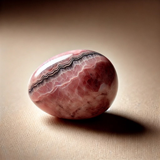 Photo d’une pierre roulée de rhodonite sur fond beige.