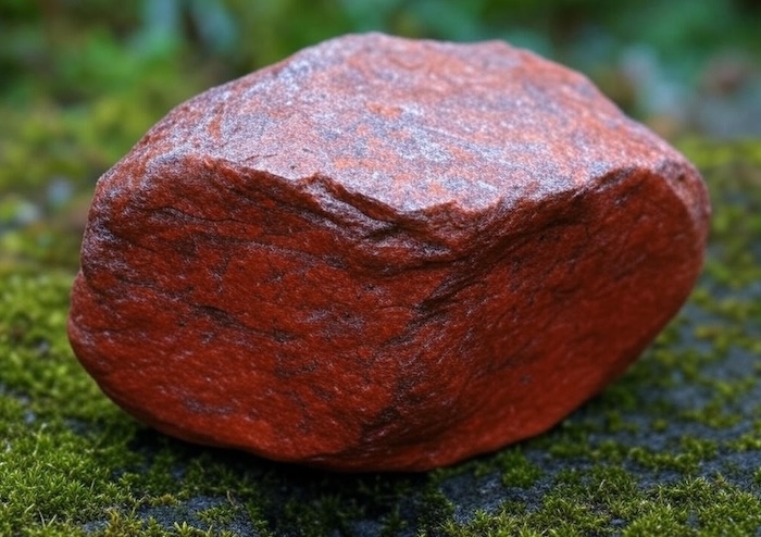 Photo d’un jaspe rouge brut posé sur de la mousse naturelle