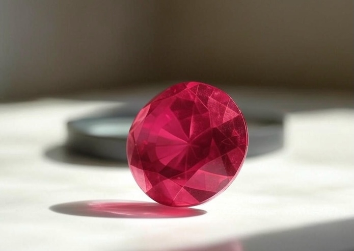 Photo d’un rubis rouge posé sur une table avec en arrière-plan une loupe