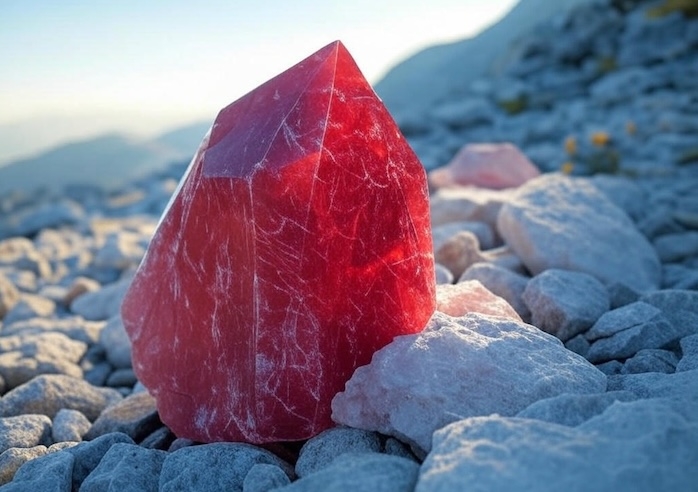 Photo d’un quartz rouge posé sur le sol d’une montagne