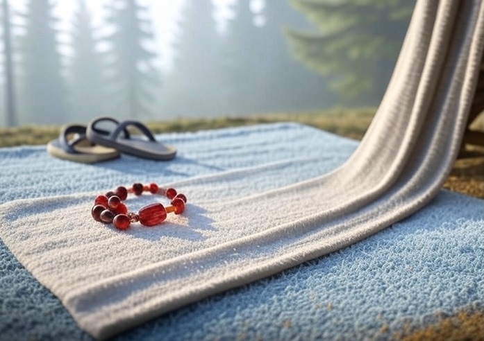 Photo d’un bracelet d’agates rouges posé sur une serviette dans la nature