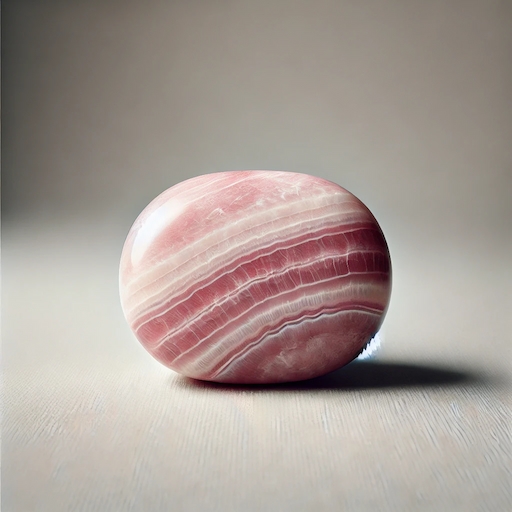 Photo d’une pierre roulée de rhodochrosite sur fond beige