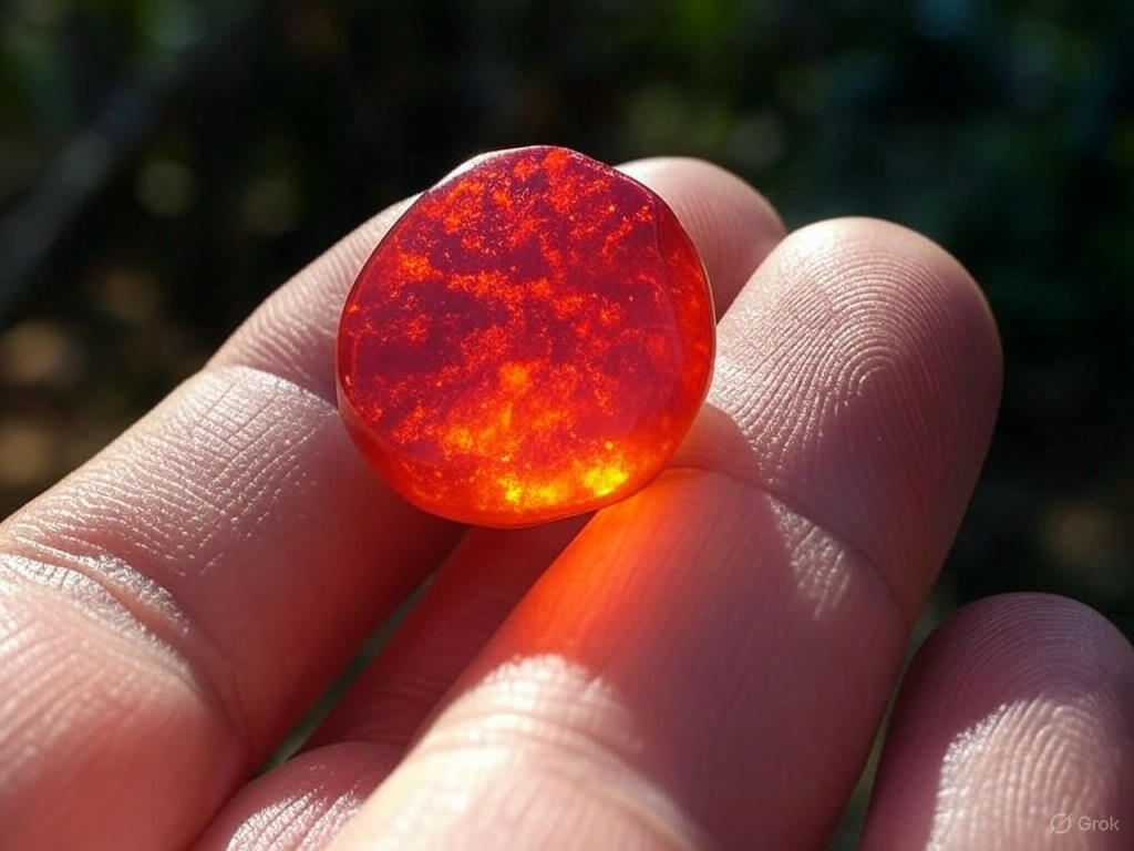 Photo d’une pierre d’opale rouge tenue dans une main
