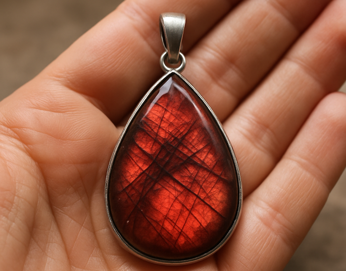 Photo d’un pendentif en labradorite rouge tenu dans une main