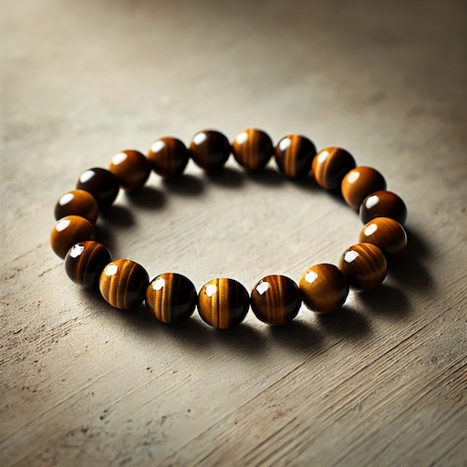 Photo d’un bracelet de perles oeil de tigre posé sur du bois
