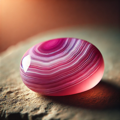 Photo d’une pierre roulée d’agate rose posée sur une roche