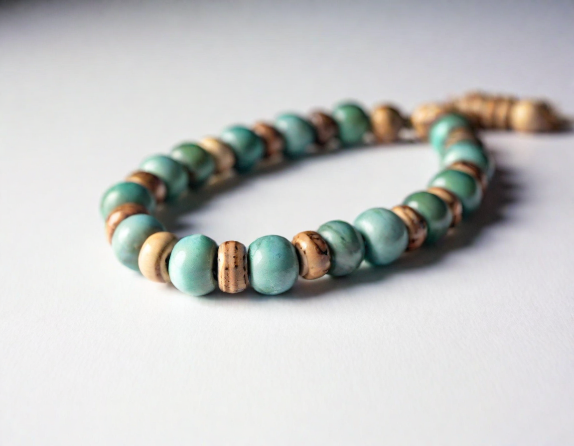 Image d'un collier composé de perles en terre cuite et de pierres amazonite